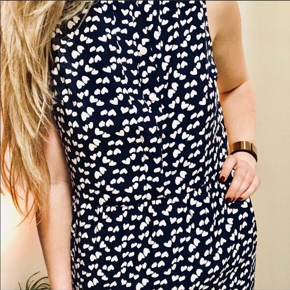 J. CREW Navy Blue White Heart Print Tank Top Button Mini Knee Length Dress 4 - Picture 4 of 8